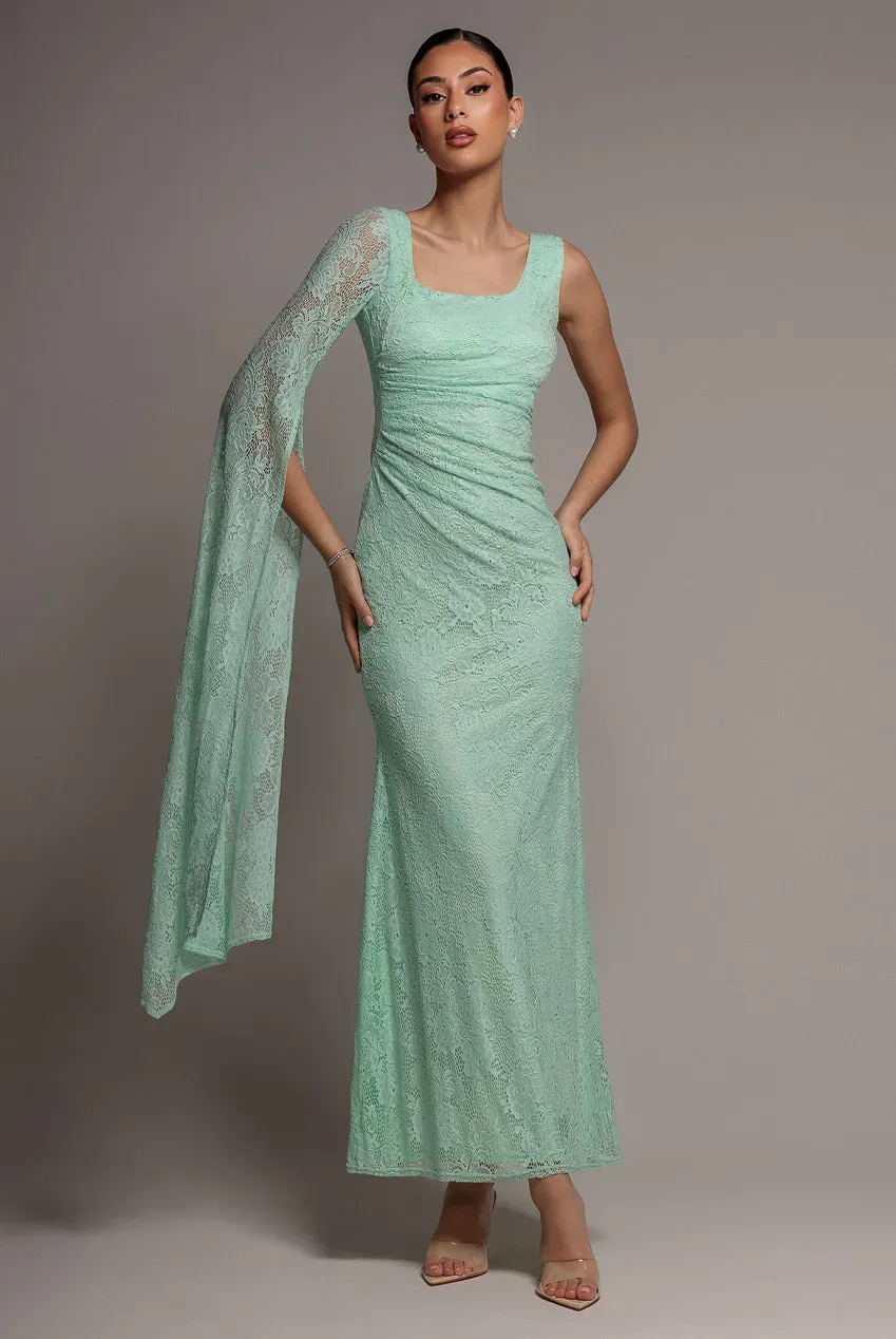 Goddiva One Shoulder Cape abito pizzo verde menta lungo