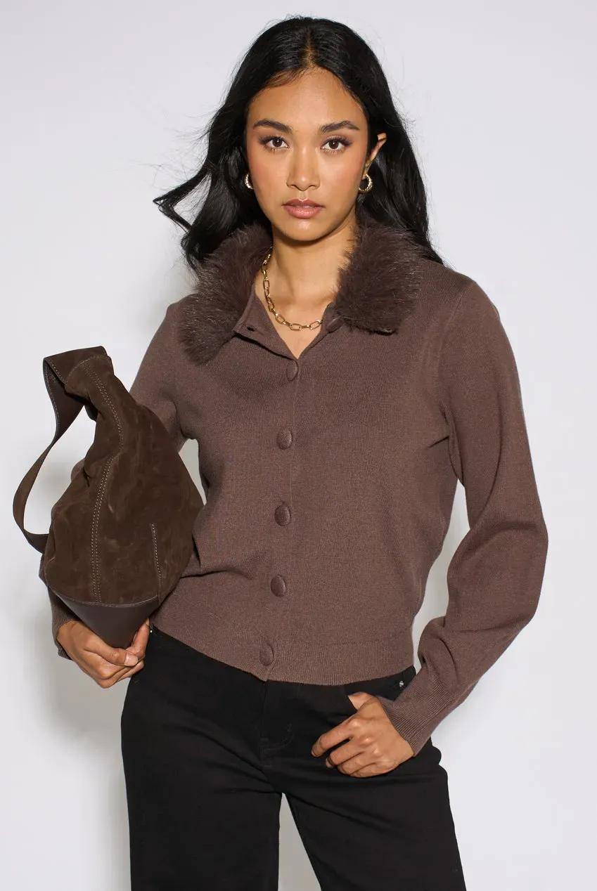 Gini London Brown Fur Trim Cardigan Marrone con Pelo