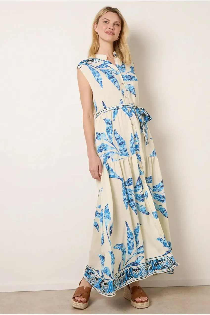 Blue Vanilla Abito Camicia Maxi Blu Foglie Cintura