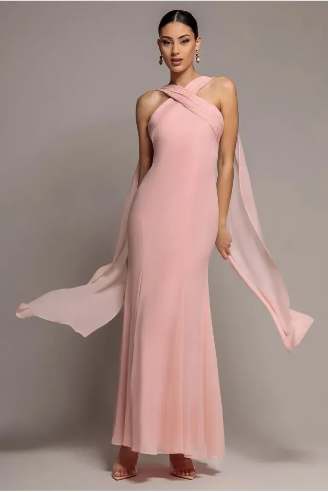 Goddiva Cross Front Scarf Back abito sirena chiffon blush