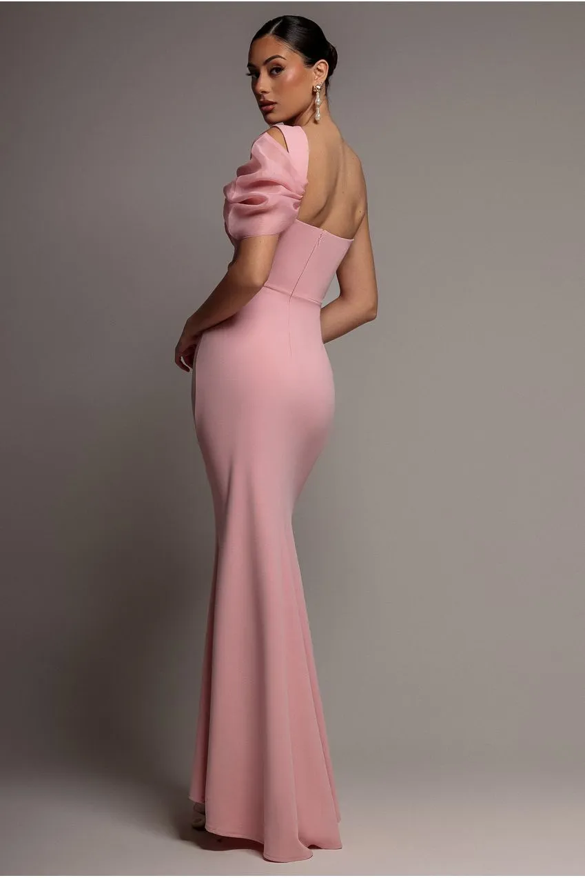 Goddiva Organza Bow abito maxi monospalla rosa blush