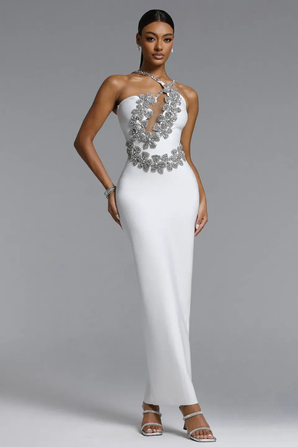 Bella Barnett Veronic abito maxi bianco strass bandage