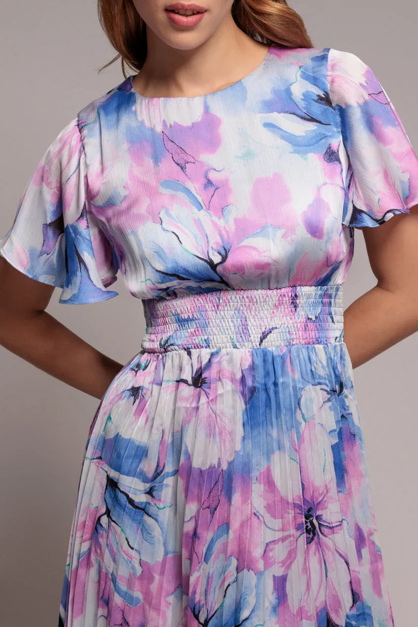 Goddiva Flutter Sleeve abito midi blu floreale plissettato