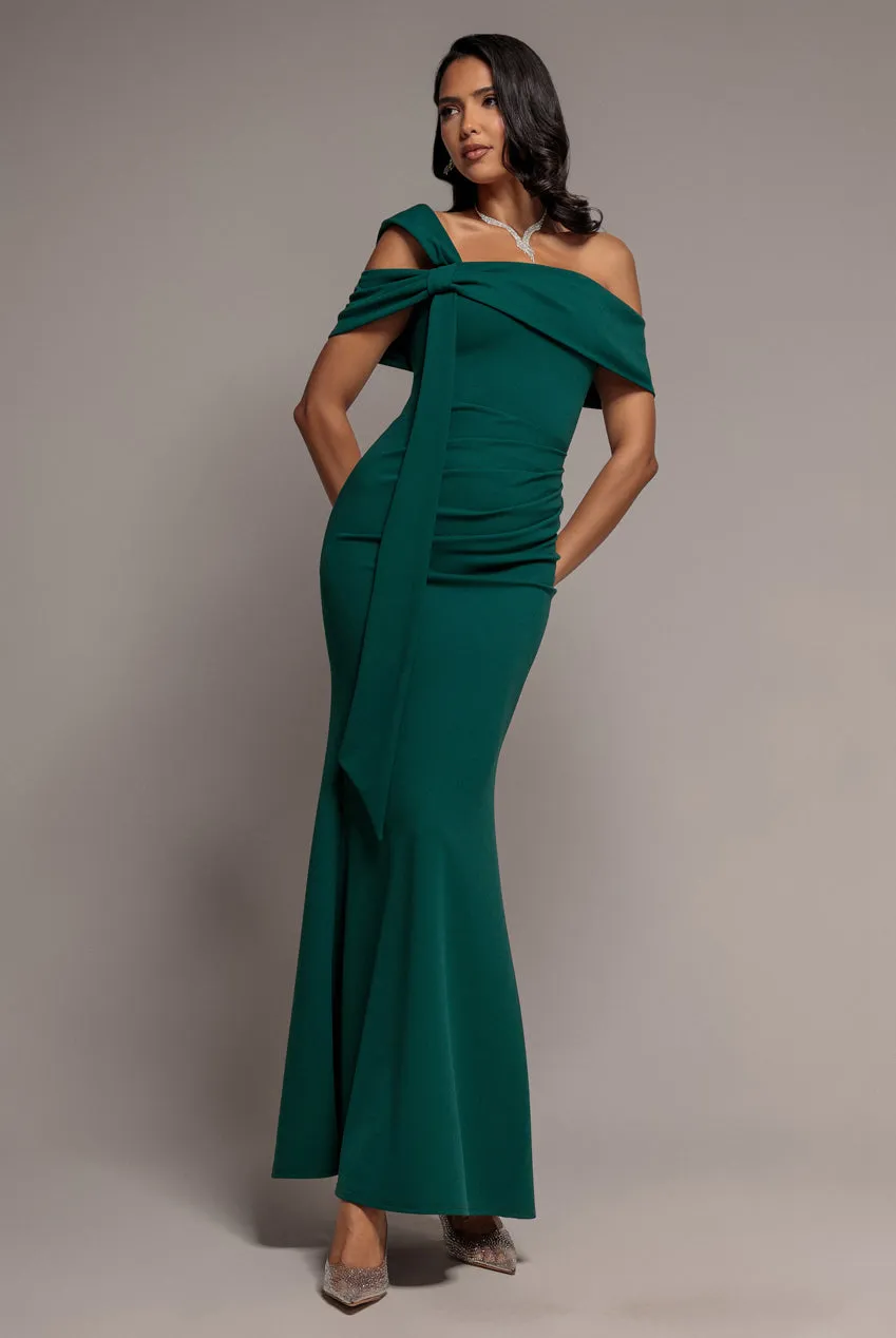 Goddiva Bardot Mermaid abito maxi verde smeraldo monospalla sirena