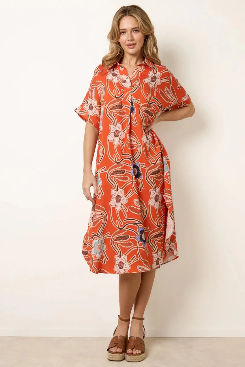 Blue Vanilla Shirt abito camicia midi arancio floreale