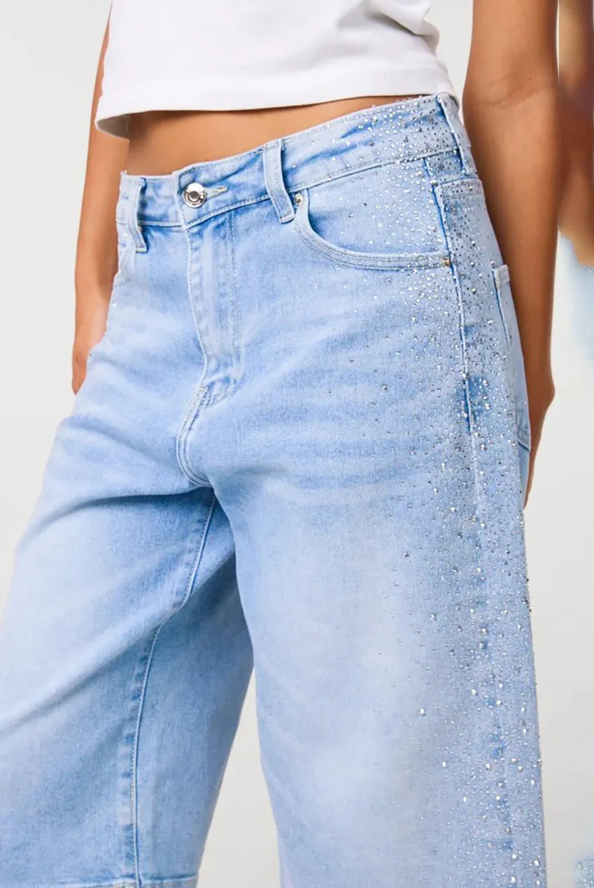 Pink Vanilla Diamante Side bermuda denim chiaro strass