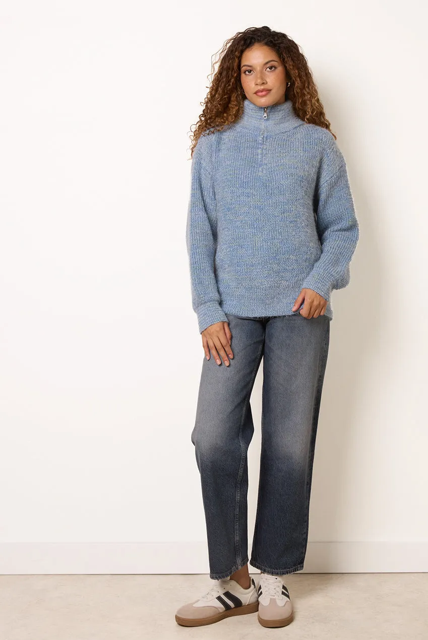 Blue Vanilla Zip Neck maglione blu collo alto morbido