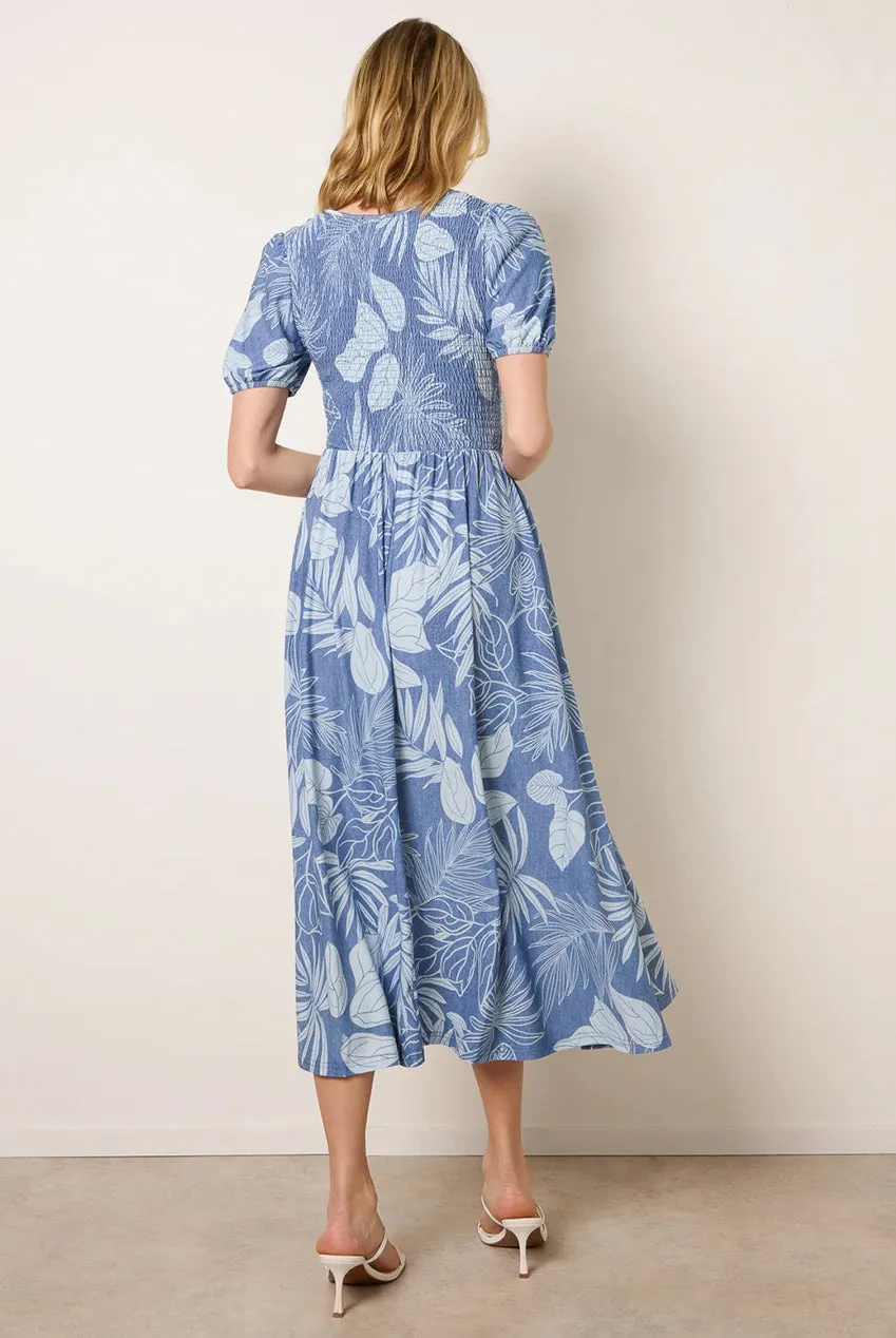 Blue Vanilla Shirred abito midi blu scollo V vita arricciata