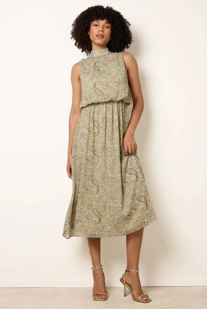 Blue Vanilla Paisley abito midi kaki collo alto fantasia