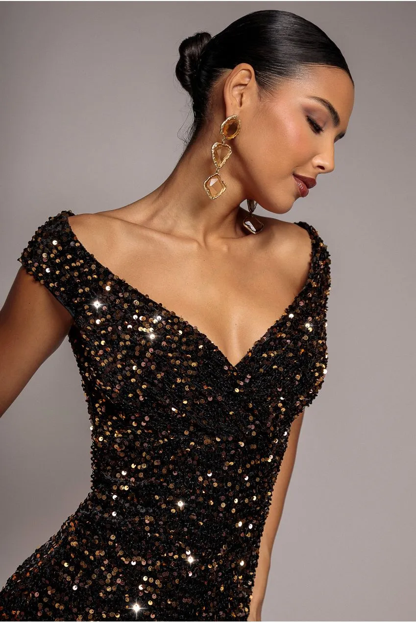 Goddiva Multi Sequin Velvet Bardot DR3512 abito oro