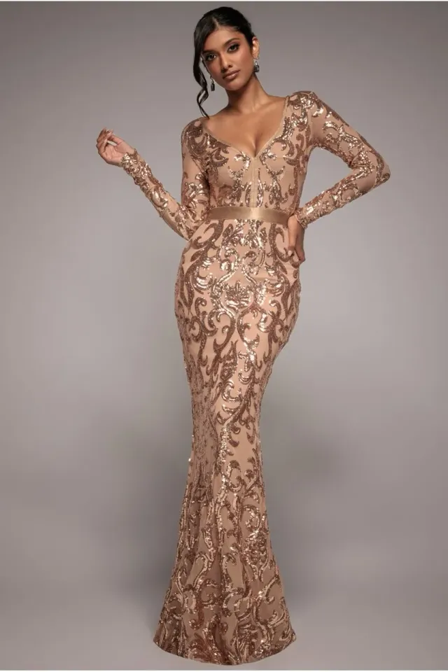 Goddiva DR3476 abito maxi champagne paillettes ricamato