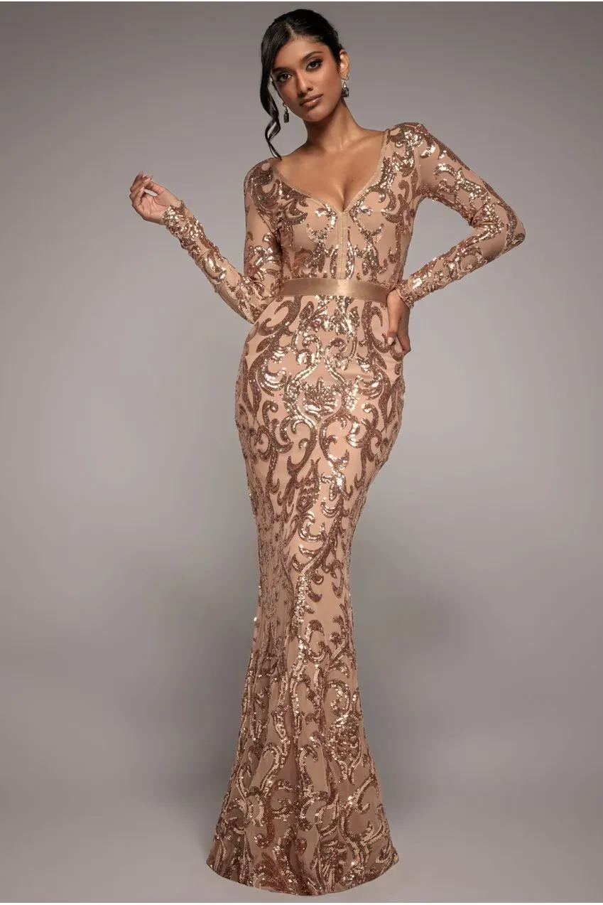 Goddiva DR3476 abito maxi champagne paillettes ricamato