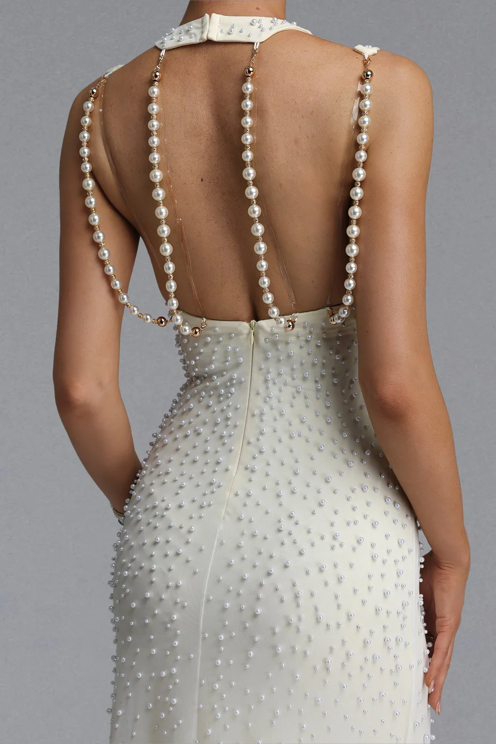 Bella Barnett Dilara abito sirena crema perle mesh