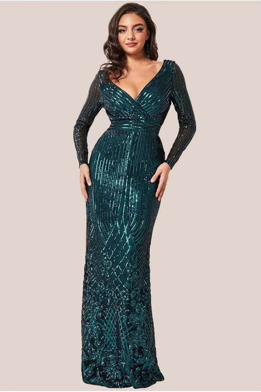 Goddiva DR3485 Abito Maxi Paillettes Verde Smeraldo Maniche Lunghe