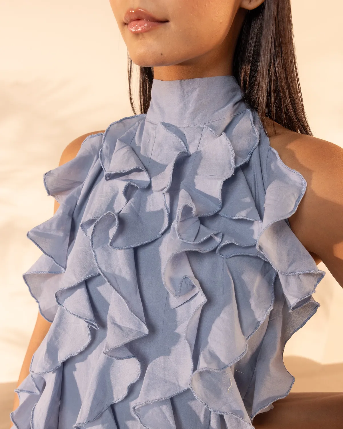 Our Dve Tangerine Sunny Side vestito azzurro balze cotone