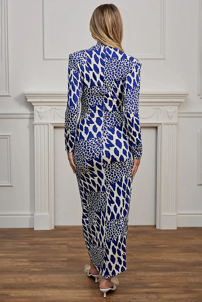 Angeleye Plunge Wrap Midi abito blu leopardato