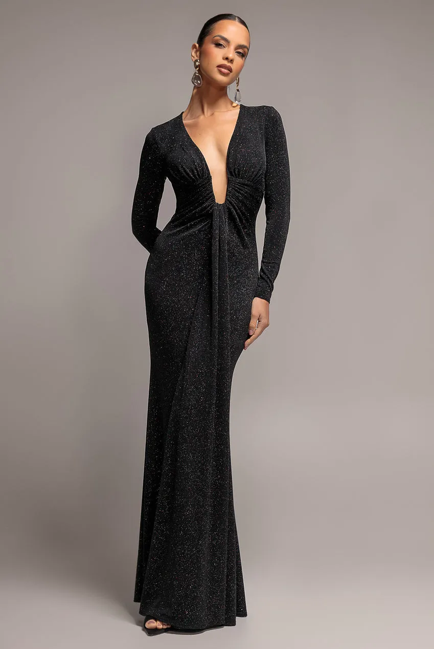 Goddiva Plunge Neck abito maxi lurex nero scollo profondo