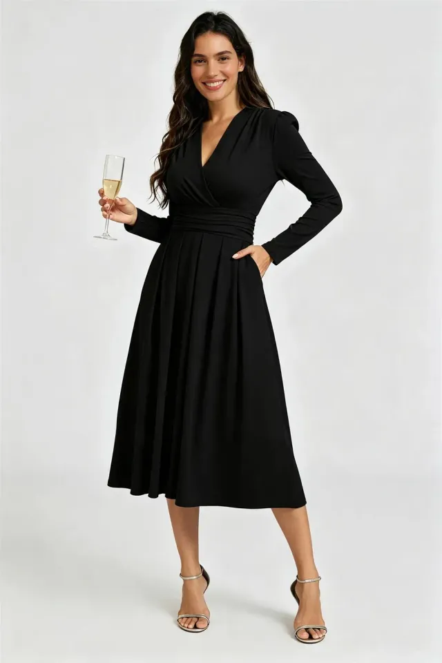 Goddiva FS Collection Jersey abito midi nero manica lunga