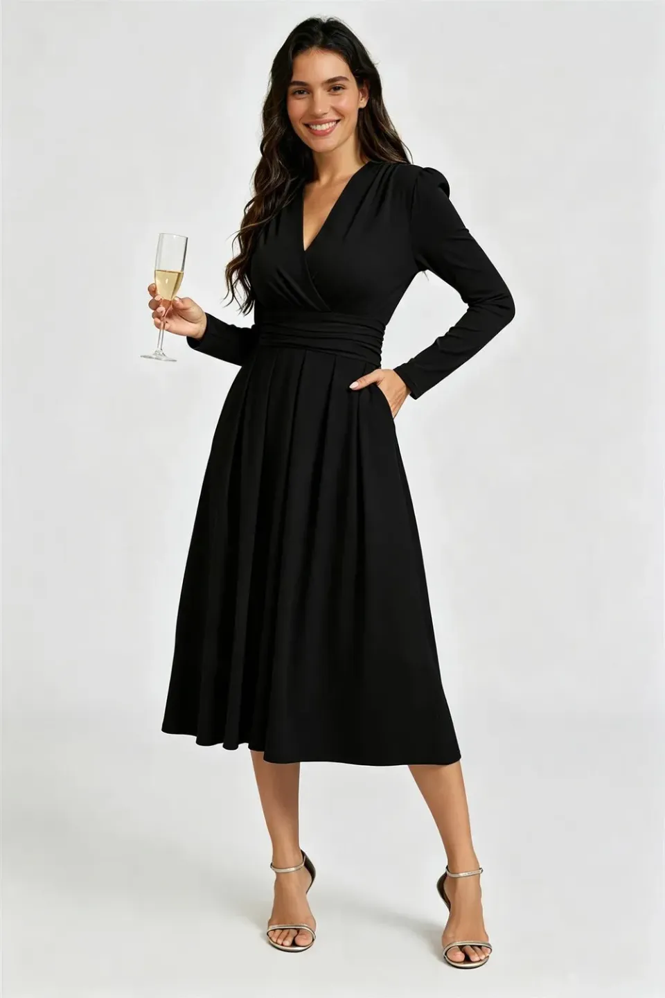 Goddiva FS Collection Jersey abito midi nero manica lunga