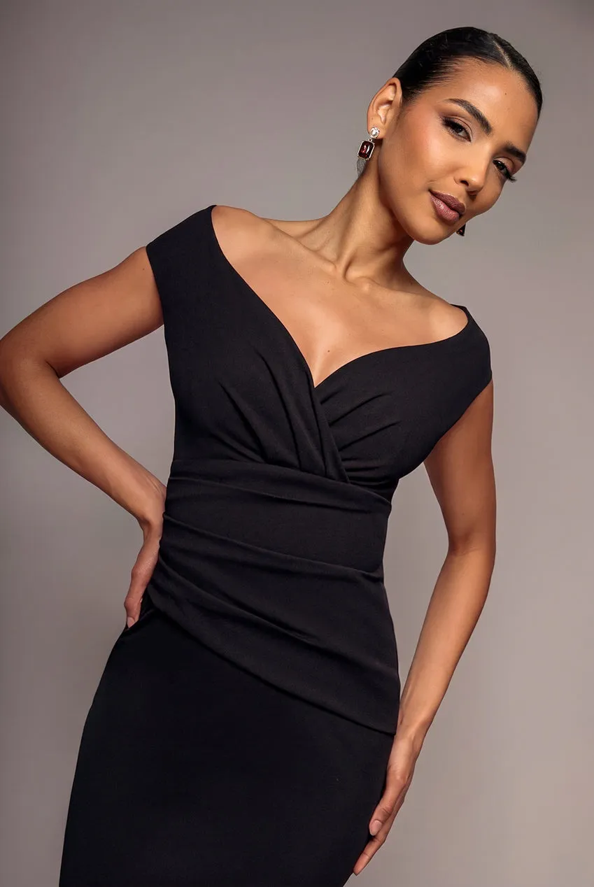 Goddiva Bardot Scuba Crepe abito lungo nero spalle scoperte