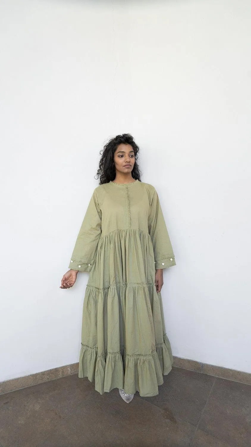 Our Dve Adole abito maxi verde pista cotone manica lunga