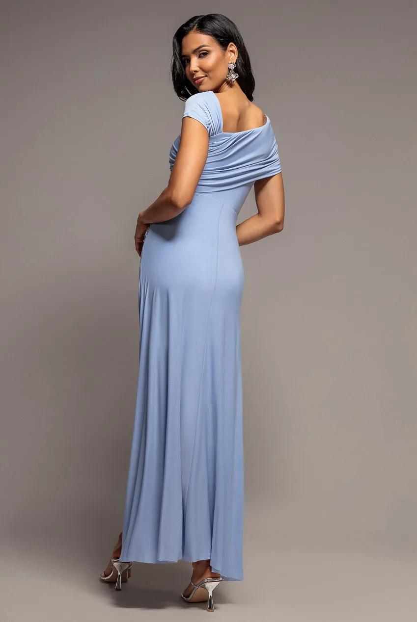 Goddiva abito lungo blu scollo asimmetrico vita arricciata