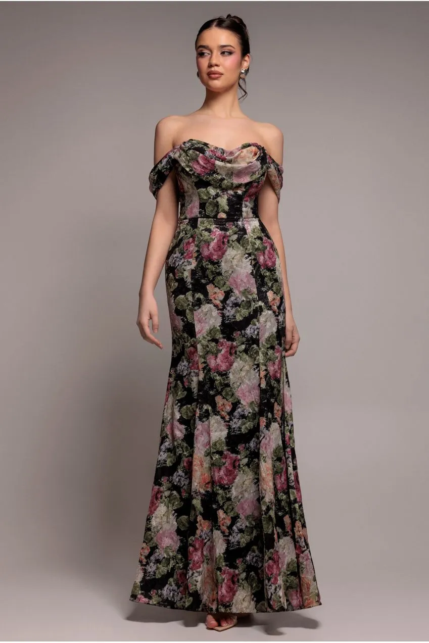 Goddiva Cowl Neck abito maxi jacquard floreale nero