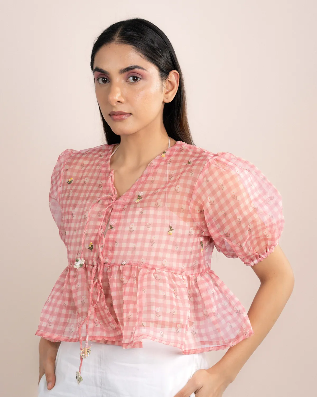 Our Dve Noe top rosa quadretti organza