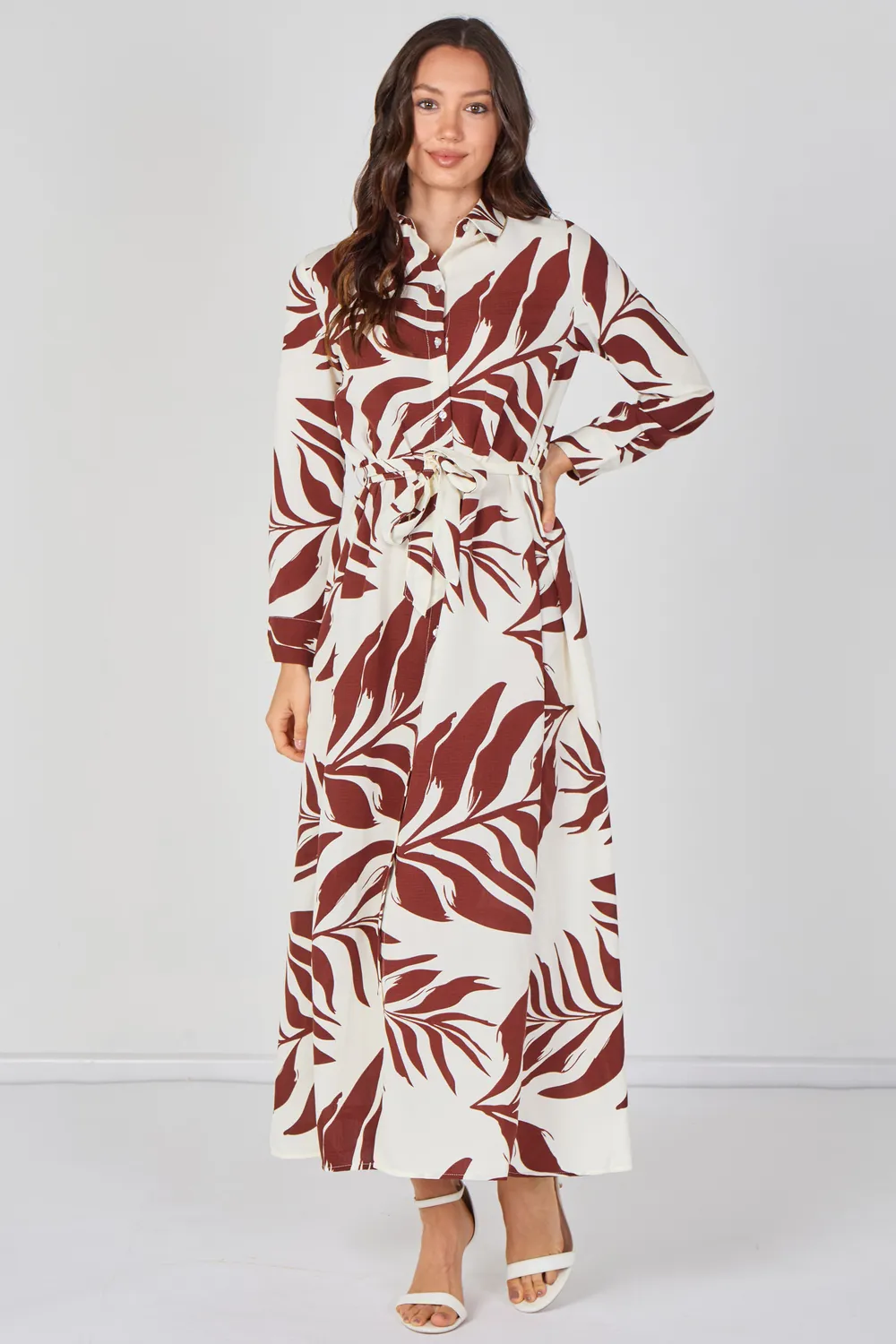 Love Sunshine Rust Palm Print abito camicia maxi vino cintura