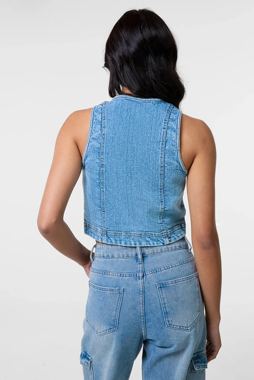 Pink Vanilla Denim gilet denim blu bottoni cotone