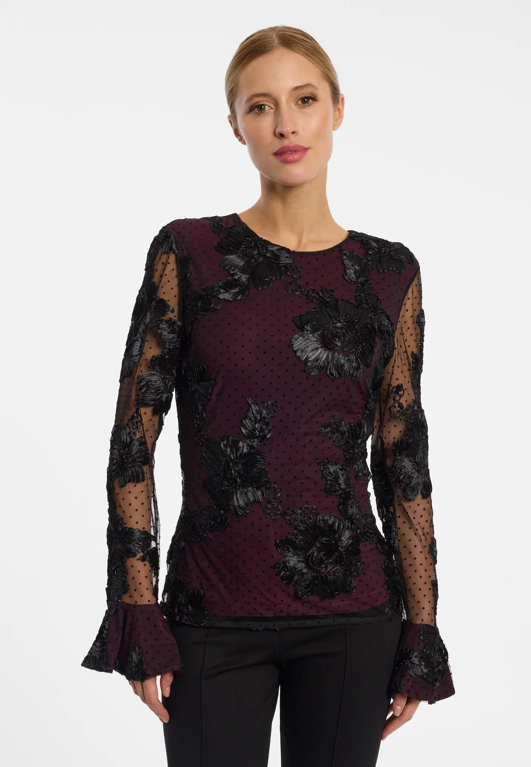 Ana Alcazar Elvira top bordeaux maniche volant fiori