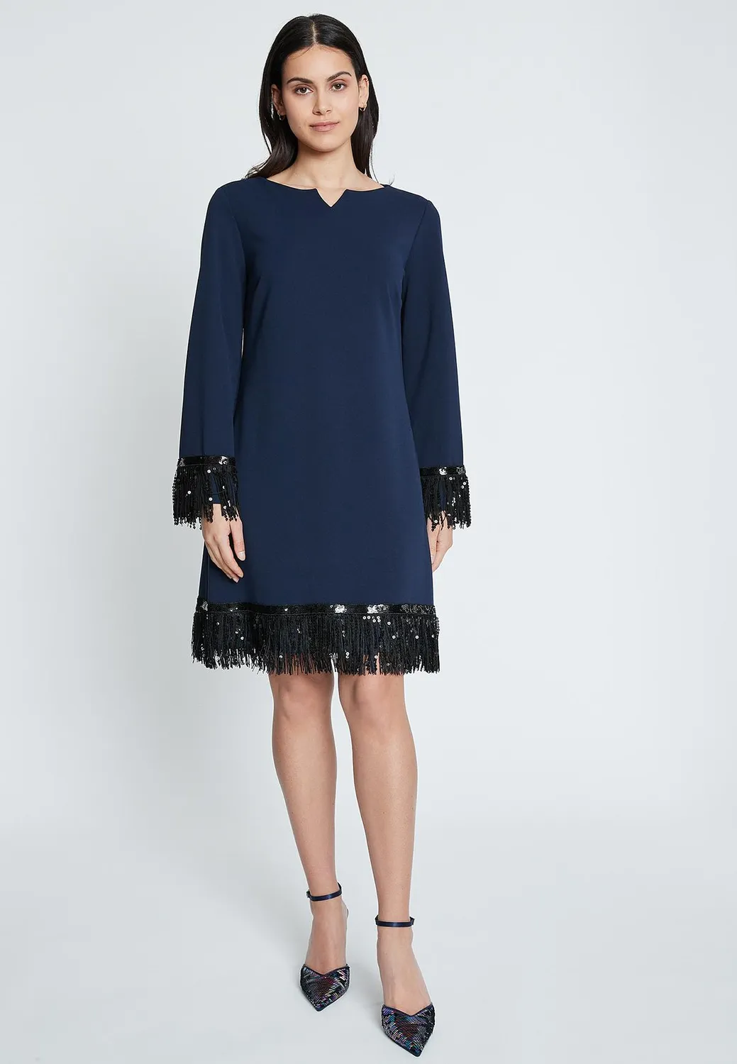 Ana Alcazar Imones abito frange blu linea A paillettes