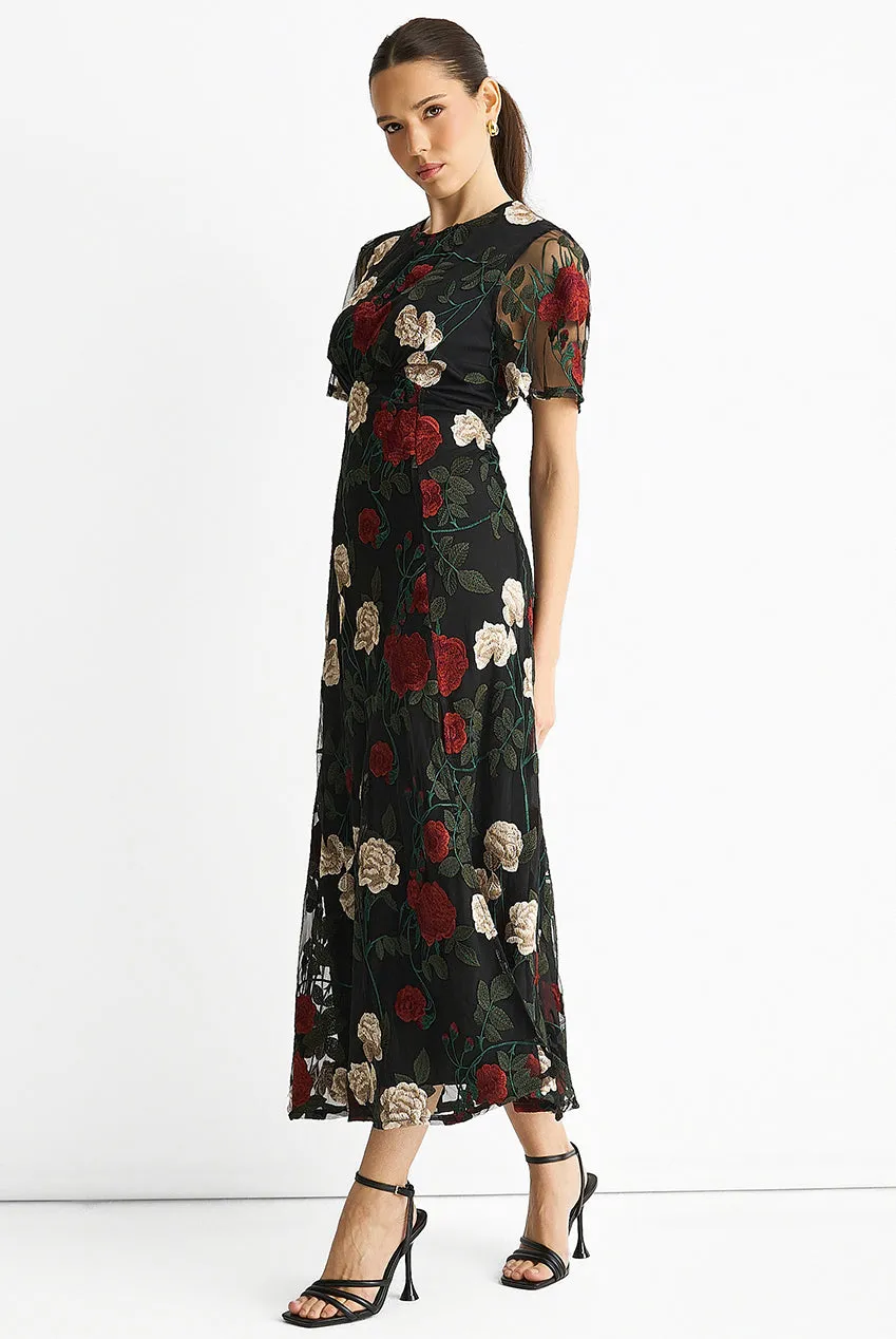 Gini London Black Angel Sleeves abito midi nero ricamato