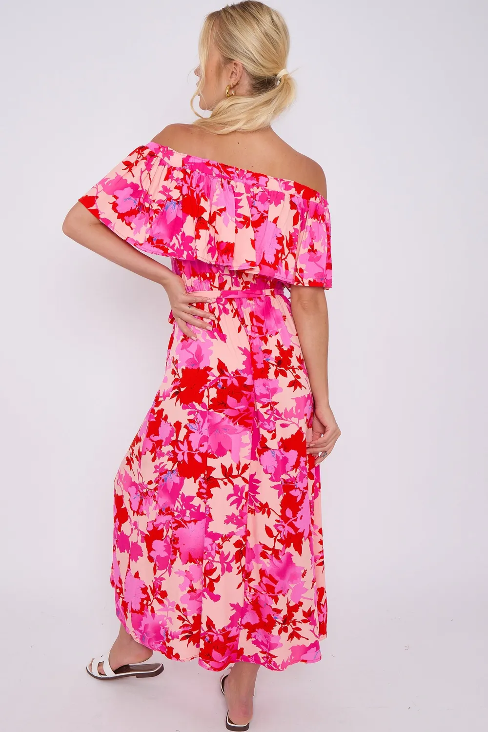 Goddiva Love Sunshine Bardot abito maxi rosa M floreale