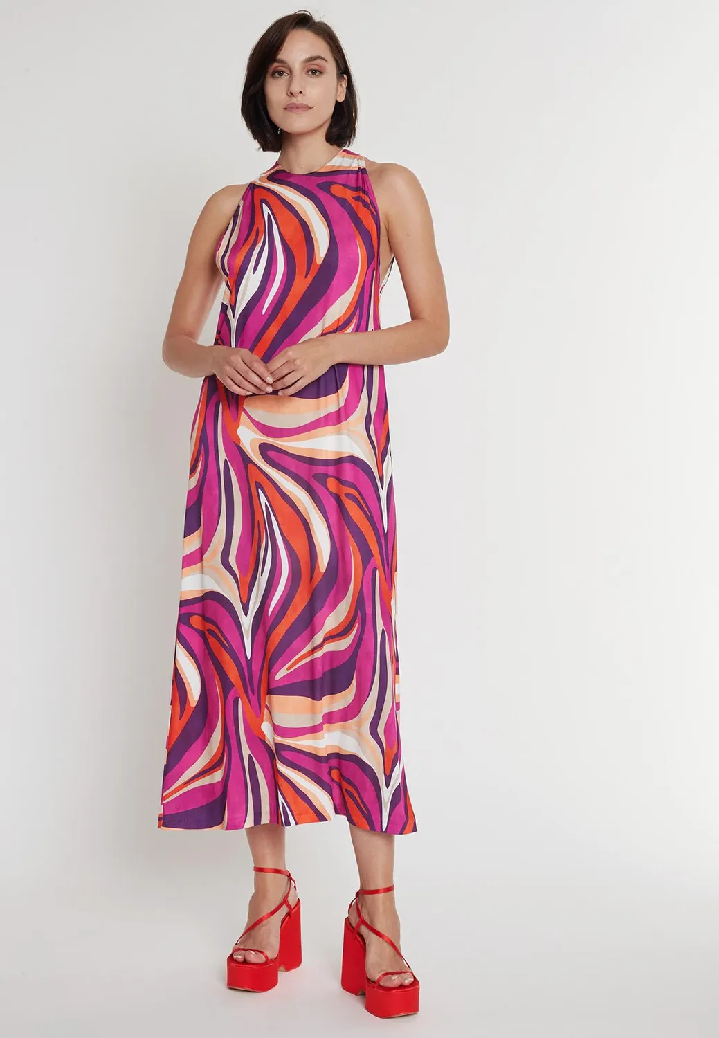 Ana Alcazar Prilea abito midi jersey fucsia fantasia
