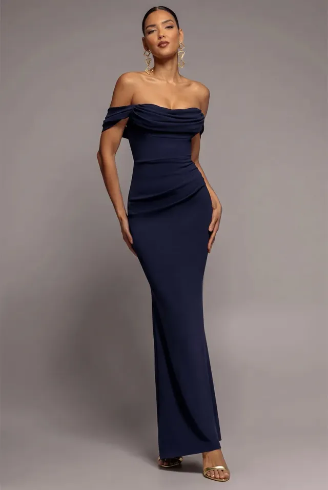 Goddiva Off Shoulder Cowl Neck DR2690 abito lungo blu navy sera