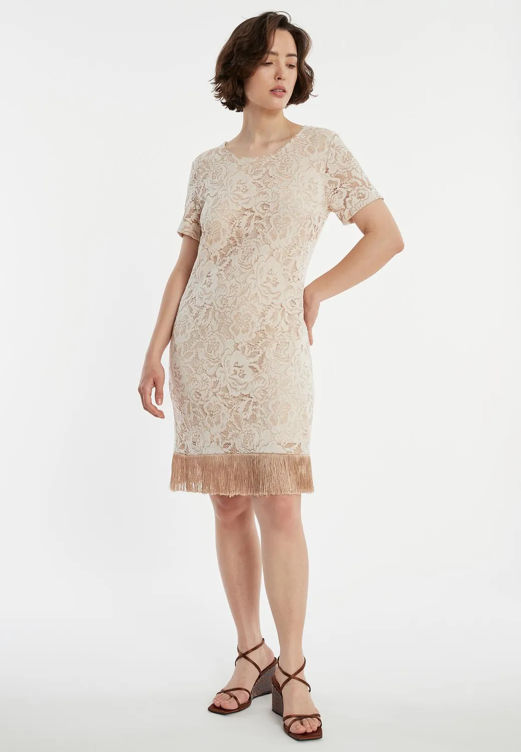 Ana Alcazar Zakary abito pizzo beige con frange