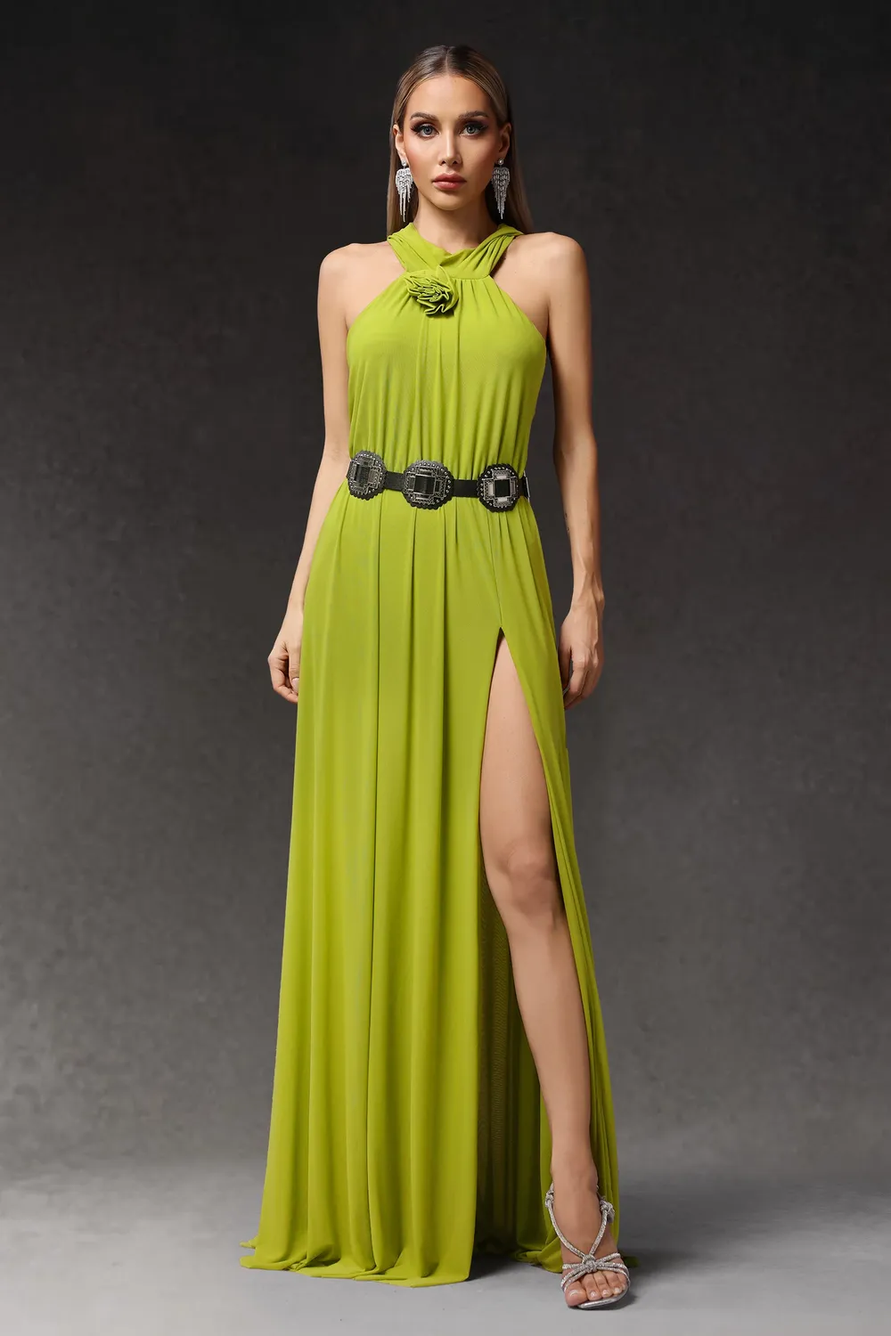 Bella Barnett Naleza abito maxi verde fiori spacco