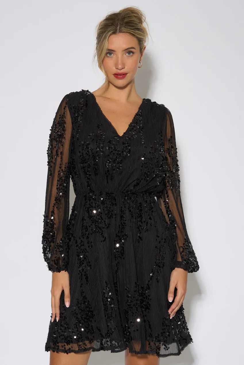 Gini London Abito Mini Paillettes Nero Scollo a V