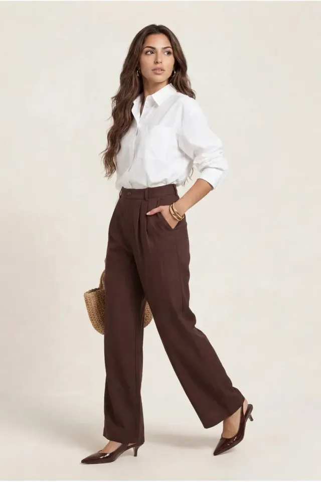 Urban Bliss Pantaloni Lino Marroni Gamba Larga