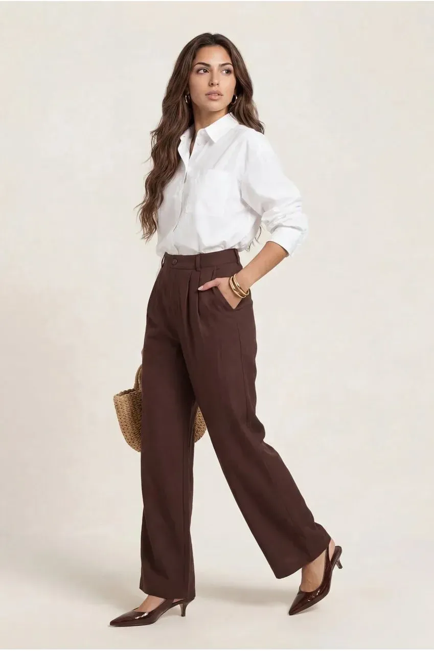 Urban Bliss Pantaloni Lino Marroni Gamba Larga