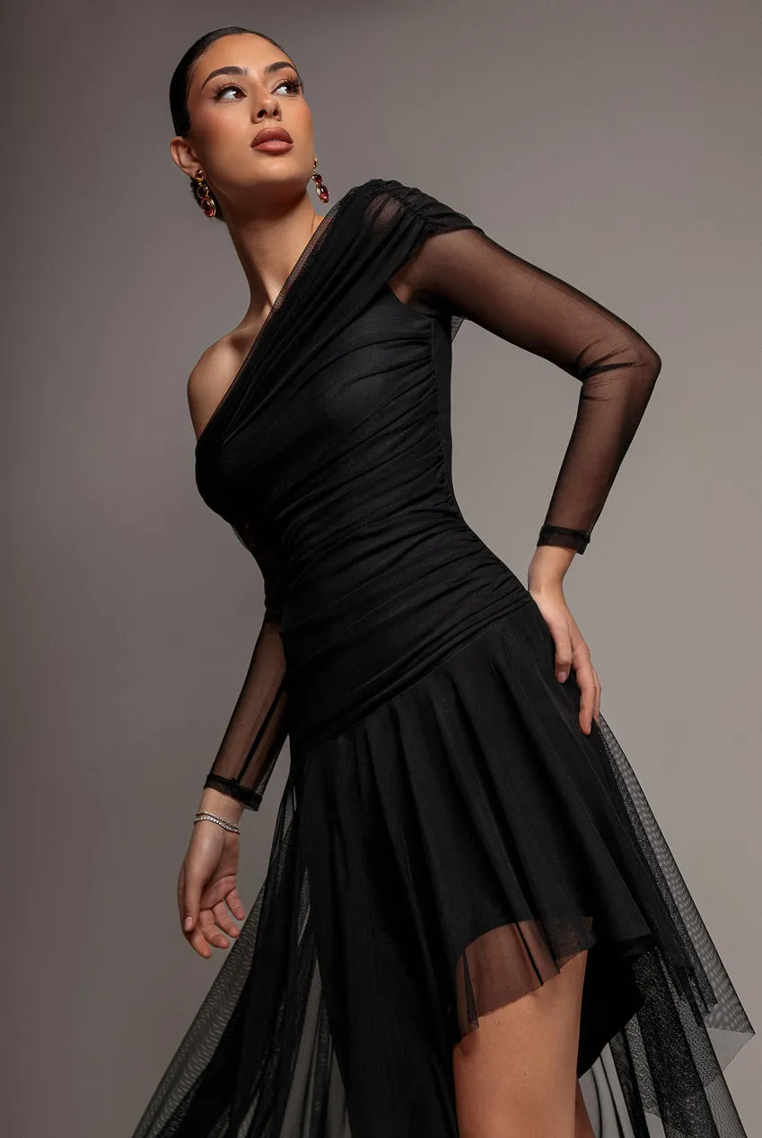 Goddiva Abito Midi Monospalla Nero Manica Velata
