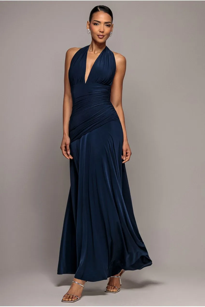 Goddiva Halter Empire abito maxi blu vita impero