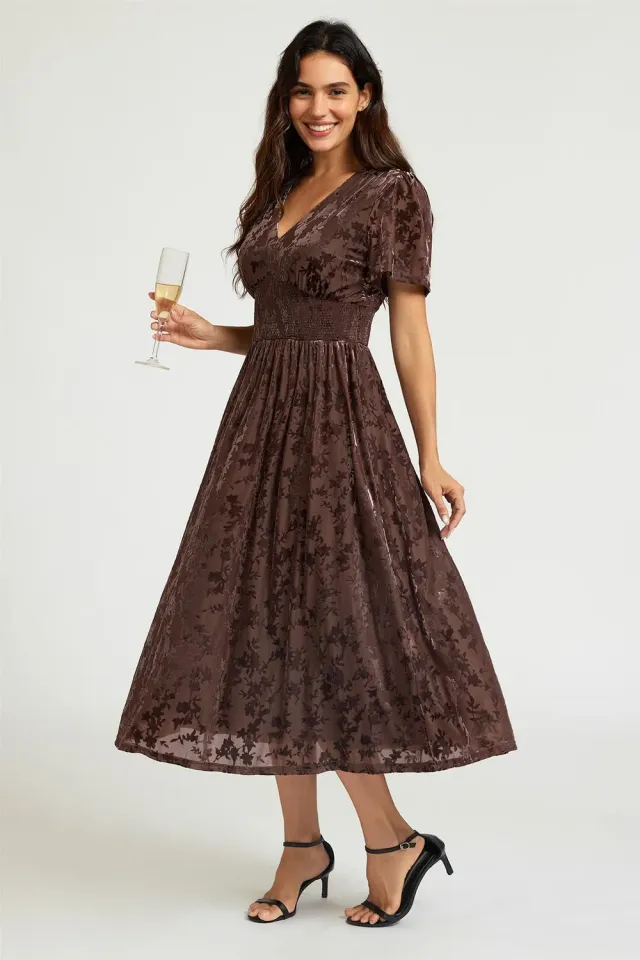 FS Collection Velvet Burnout midi abito marrone scollo V