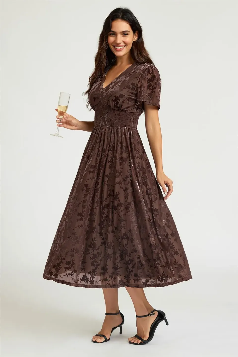 FS Collection Velvet Burnout midi abito marrone scollo V