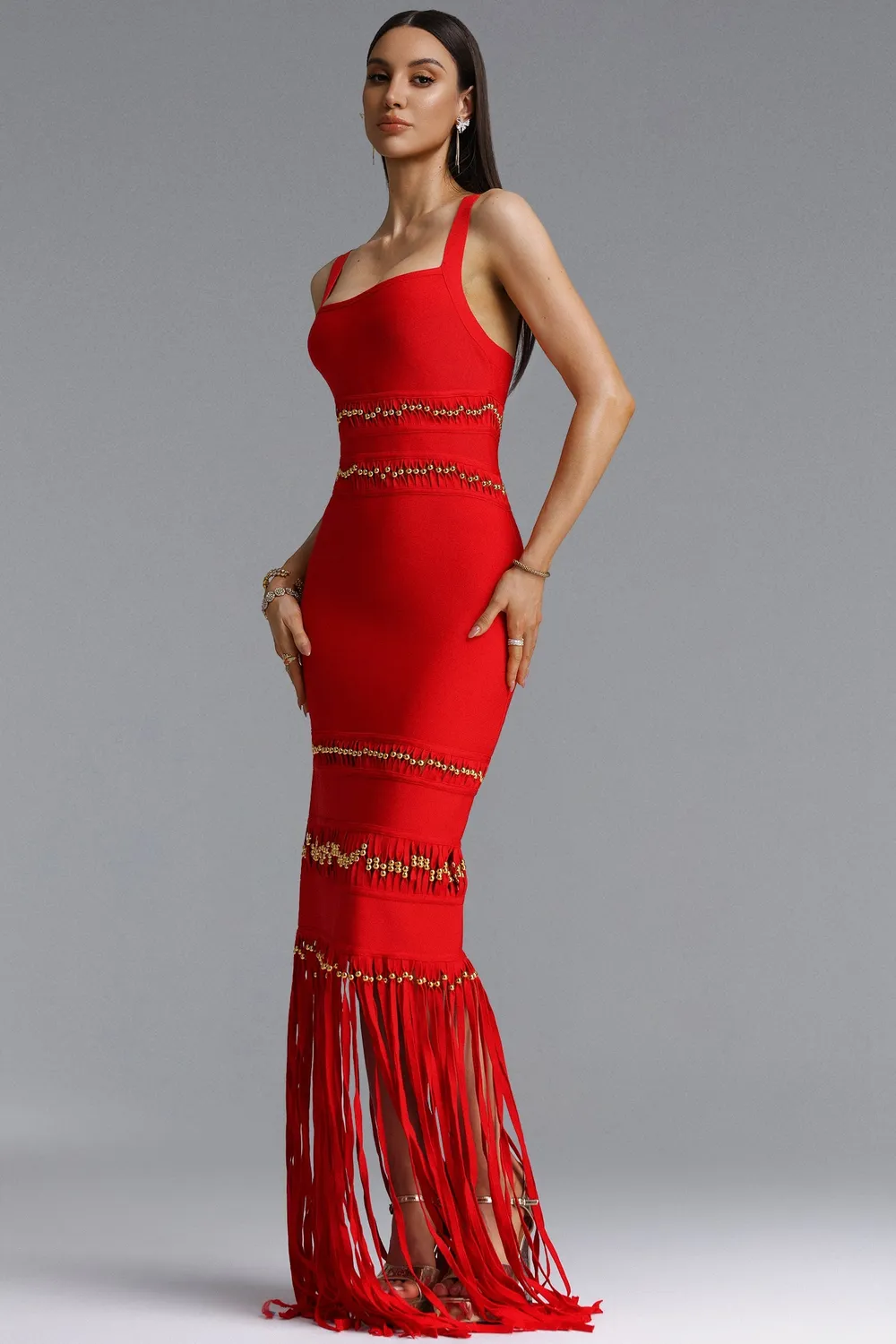 Bella Barnett Shanley abito maxi rosso frange