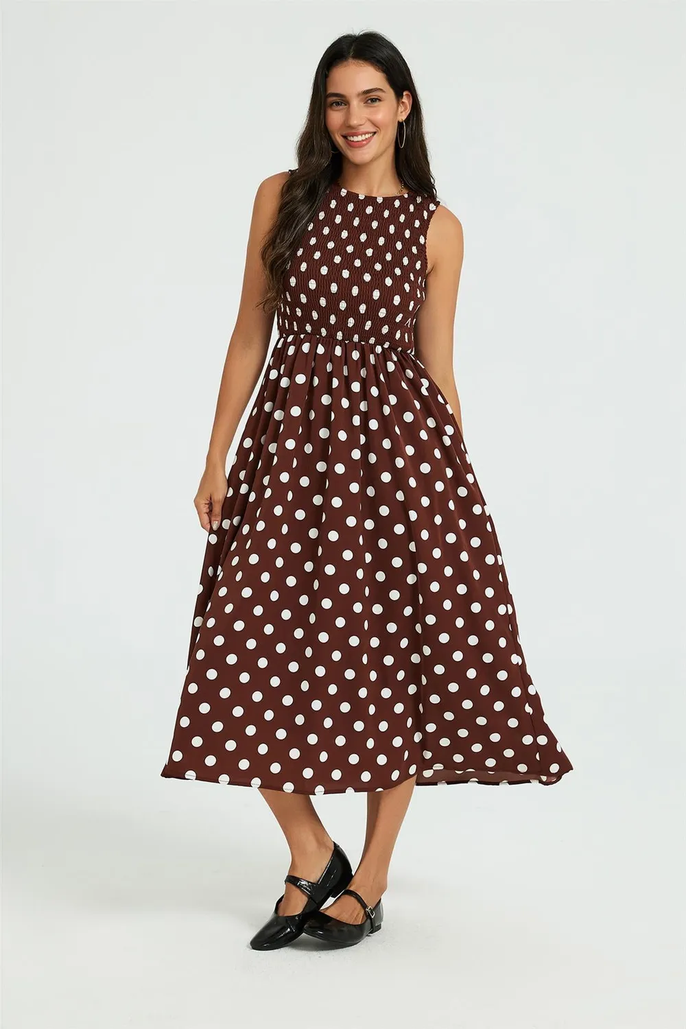 FS Collection Abito Midi Marrone Pois Senza Maniche