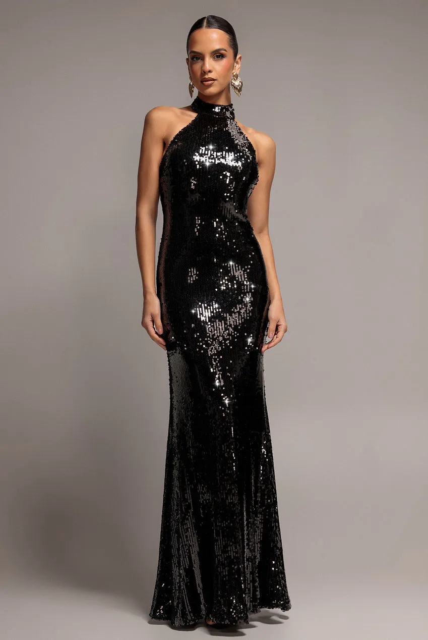 Goddiva Sequin Open Back abito maxi nero halter paillettes