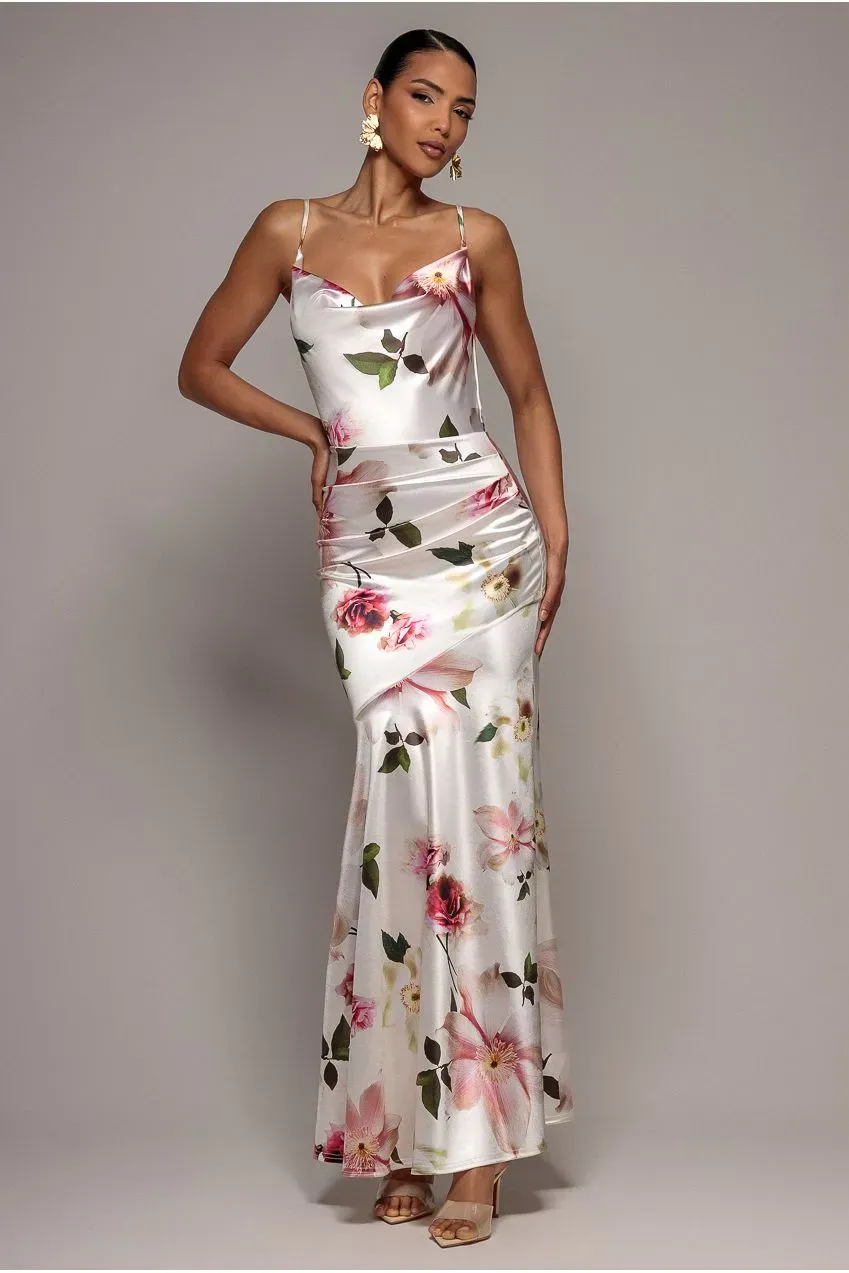 Goddiva Floral Print Satin Abito Maxi Crema Floreale