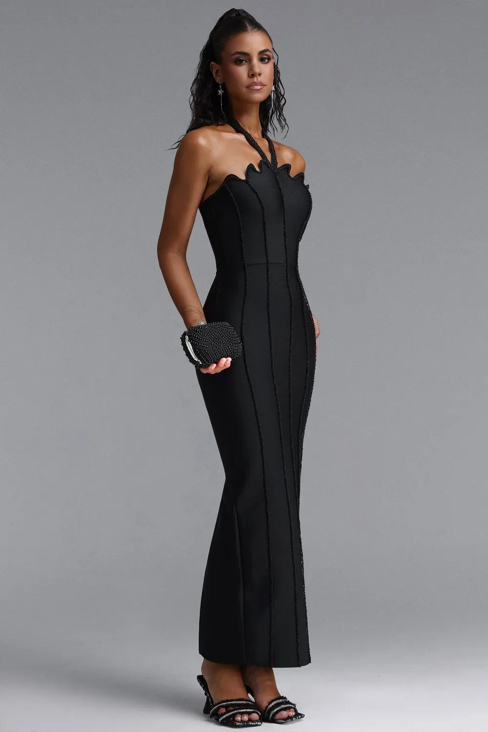 Bella Barnett Kalene maxi abito nero halter S-L